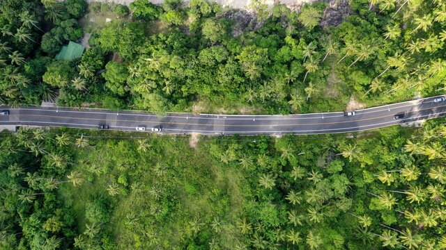 The Khanom Sichon Road the Road by the Ocean at Khao Phlai Dam ,Nakorn Sri Thammarat Thailand Drone Aerial View