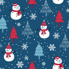 Christmas seamless pattern with snowman background, Winter pattern with snowflakes, wrapping paper, winter greetings, web page background, Christmas and New Year greeting cards