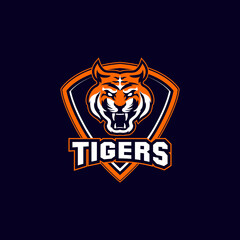 angry tiger sports mascot shield with aggressive expression vector icon