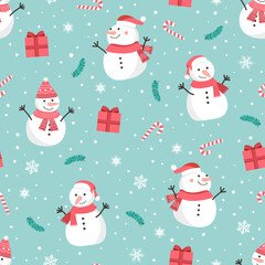 Christmas seamless pattern with snowman background, Winter pattern with snowflakes, wrapping paper, winter greetings, web page background, Christmas and New Year greeting cards