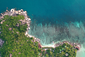 Fototapeta na wymiar Aerial drone view over the paradise diving island of Koh Tao in the Gulf of Thailand