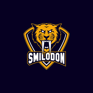 ancient smilodon tiger sports mascot shield with aggressive expression vector icon