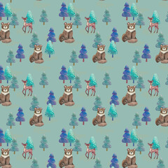 Animalistic pattern, ornament. Seamless pattern.Watercolor characters: bear, deer. Cozy funny background for toddlers, children. Wild animals walk in the fir forest