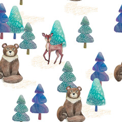 Animalistic pattern, ornament. Seamless pattern.Watercolor characters: bear, deer. Cozy funny background for toddlers, children. Wild animals walk in the fir forest