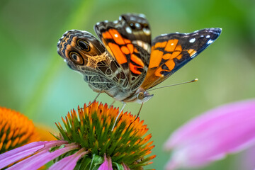 Close up of an American Lady butterfly (Vanessa virginiensis) visits a coneflower. Raleigh, North Carolina.