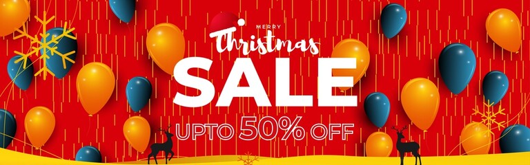 Vector illustration of Merry Christmas sale banner, golden frame wrapped with light, balloon balls and confetti, santa cap, happy new year, shop now, template for websites, up to 50% off 