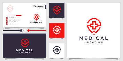 Medical logo with pin location concept and business card design Premium Vector