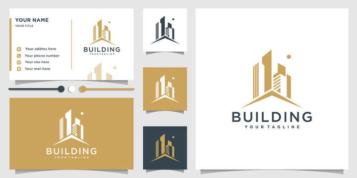 Building logo with modern unique concept and business card design Premium Vector