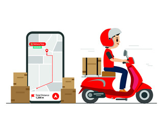 Fast delivery by scooter on mobile. E-commerce concept. Express courier on scooter shipping order Vector