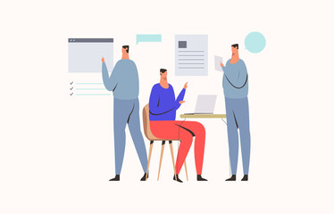 Young male multitasking skill concept. Freelance worker busy with tasks. Bussinesman doing many tasks at the same time. Flat vector illustration