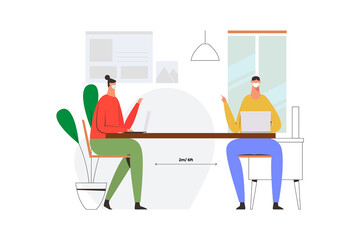 Fototapeta premium Social distancing meeting at workplace. Pandemi at office situation. Safety awareness of covid-19 virus. Flat vector illustration