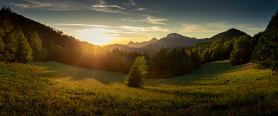 Panoramic view to sunset over the Three Crowns massif. Pieniny Mountain