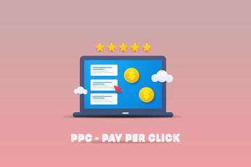 PPC - pay per click advertising result displaying on laptop screen. Digital marketing and customer rating concept. 3d style illustration web banner.