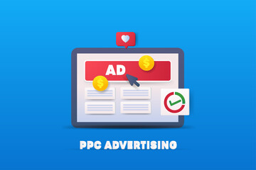 Ppc advertising - pay per click. Advertising online business concept. 3d style illustration vector web banner.