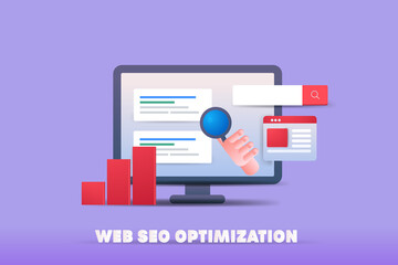 3d style illustration - web seo optimization concept. Digital marketing and search engine ranking with data analysis.