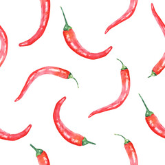 Seamless pattern with hot chilli pepper. Backgrounb of red paprika on white. Hand drawn illustration of spicy suppliment. Culinary backdrop for packaging, recipe, label design.