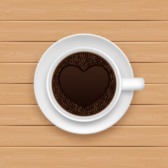 White coffee cup and saucer top view on wood background