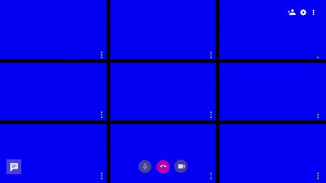 Animation of screen display of a group hangouts template. Video Call meeting conference interface. Video conference concept. Teleconference. Webinar. Online seminar.