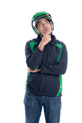 man with uniform and helmet thinking. professional uber driver isolated over white background