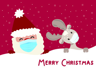 Holiday Greeting Card with Santa and Deer wearing Facing mask anti epidemic protect. New conceptual Design Happy New Year and Merry Christmas. Vector Illustration.