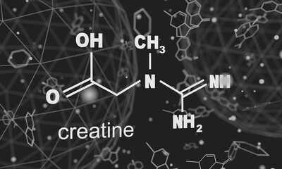 Chemical formula of creatine. Lines and dots connected background. 3D rendering