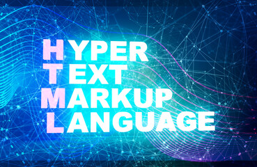 Fototapeta premium Acronym HTML - Hyper Text Markup Language. Internet conceptual image. 3D rendering. Neon bulb illumination