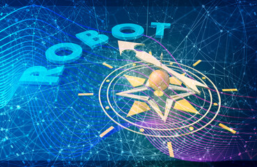 Golden arrow of a compass pointing to the word. Robot text. 3D rendering. Technology concept