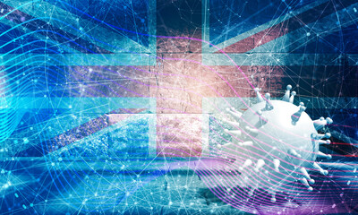 Coronavirus pandemic concept. Model of virus in empty room. Rough surface of the stone blocks. Rectangular shapes. 3D rendering. Flag of the Great Britain
