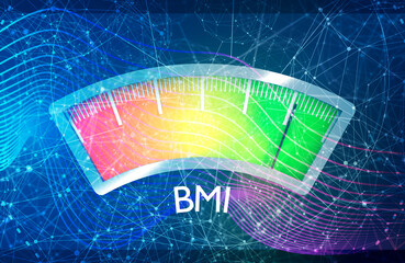 Body mass index meter read level result. Color scale with arrow from red to green. The measuring device icon. Colorful infographic gauge element. 3D rendering