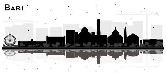 Obraz premium Bari Italy City Skyline Silhouette with Black Buildings and Reflections Isolated on White.