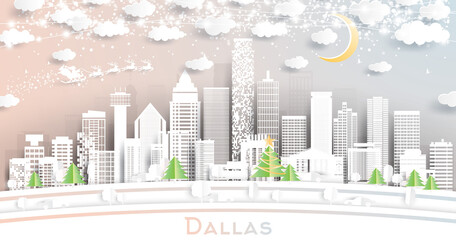 Dallas Texas City Skyline in Paper Cut Style with Snowflakes, Moon and Neon Garland.
