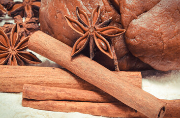 Spices and dough for gingerbread or other festive cookies. Christmas time