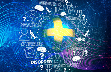 Fototapeta premium Mental health creative concept. Circle frame with medicine thin line icons and tags. Flag of Sweden. 3D rendering.