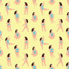 Fototapeta na wymiar Bodypositive girls seamless pattern. A curvy model shows off her body. Vector illustration