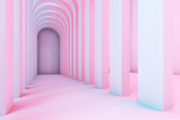 Empty corridor of arches with colorful illumination, 3d