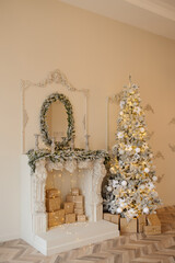 classic christmas interior with christmas tree and christmas presents.