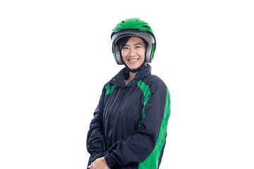 portrait of female taxi uber driver with helmet isolated over white background