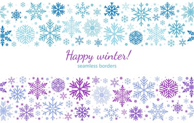 Happy winter greeting test and seamless border with snowflake. New Year and Christmas ornament frame design for seasonal invitation card, waalpaper vector illustration isolated on white background