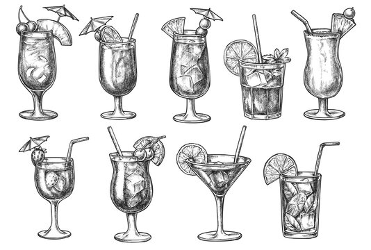 Cocktail bar menu with long drink in glass hand drawn sketch. Popular alcoholic and non-alcoholic iced beverage in glassware with decoration doodle vector illustration isolated on white background