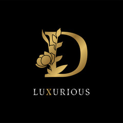 letter D flower leaves decoration for wedding, beauty care logo, personal branding identity, make up artist or any other royal brand and company. luxurious gold and silver color sample in dummy text