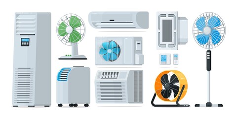 Fototapeta Air conditioner heating and cooling household appliance set. Floor, wall-mounted, home and industrial fan, conditioner, thermostat for climate control vector illustration isolated on white background obraz