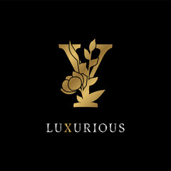 letter Y flower leaves decoration for wedding, beauty care logo, personal branding identity, make up artist or any other royal brand and company. luxurious gold and silver color sample in dummy text