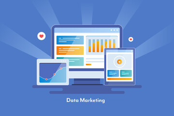 Data marketing - Chart, graph, diagram, statistics, information, business, marketing, financial report on digital devices. Flat design web banner concept.