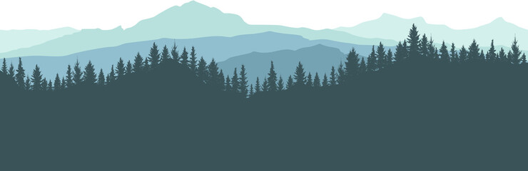 Forest and mountains, silhouette. Beautiful landscape, nature. Spruce trees are separated from each other. Vector illustration.