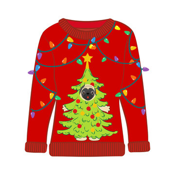 Christmas party ugly sweater with pug vector illustration
