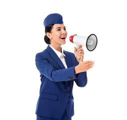 Beautiful stewardess with megaphone on white background