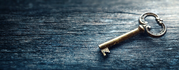 Old key lying on the desk. Concept on the topic of security, choice, search, etc. Retro style. Free space for your design.
