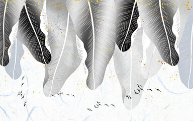 Fototapety  Abstrakcyjna ilustracja, duże monochromatyczne pióra na białym tle, czarne stada małych ptaków