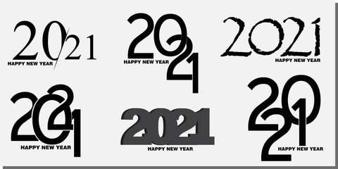 Big Set of 2021 Happy New Year logo text design. 2021 number design template. Collection of 2021 happy new year symbols. Vector illustration with black labels isolated on white background.