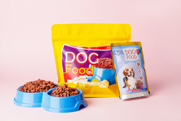 Tasty pet food on color background